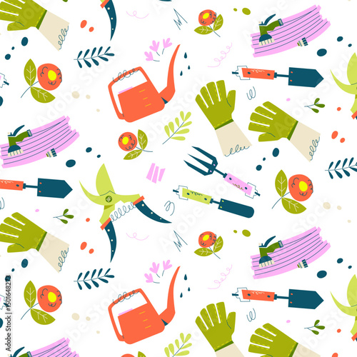 Seamless gardening pattern with tools, gloves, flowers, hose, and watering can on white background. Colorful vector for spring garden themes