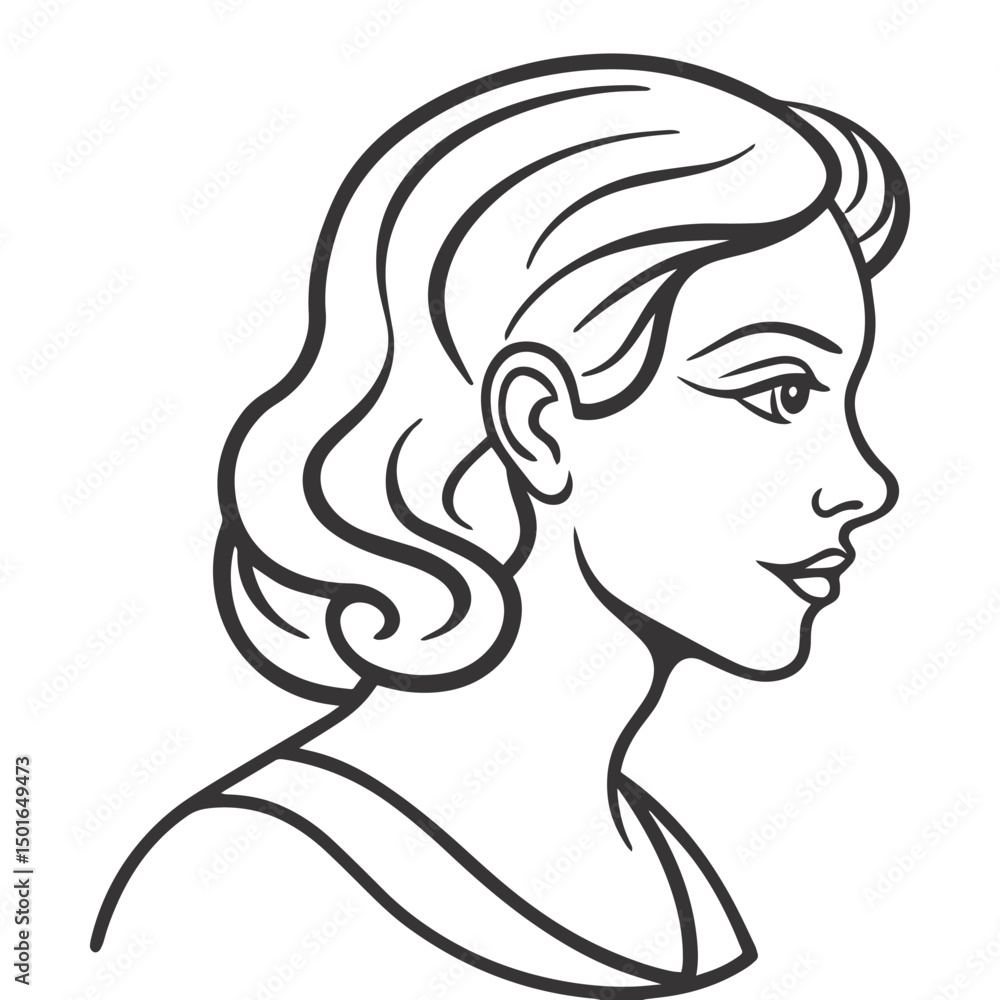 Black and White Line Art Portrait of Woman with Flowing Abstract Hair Black and White Line Art Portrait of Woman with Flowing Abstract Hair