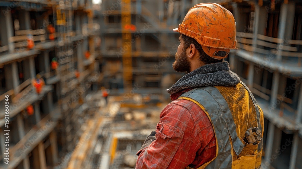 Obraz premium Construction Worker Contemplating a Skyscraper's Framework