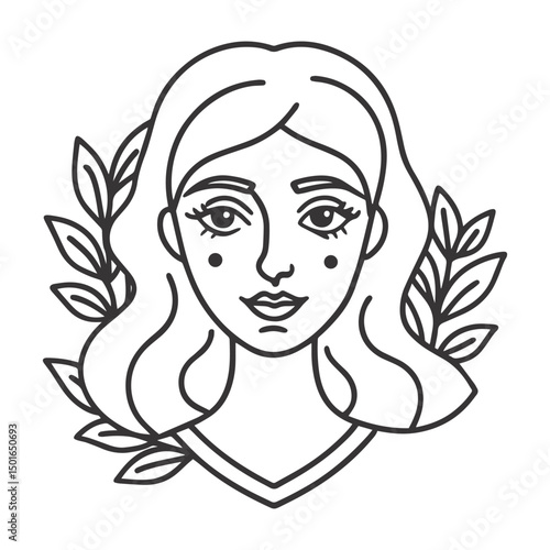 Minimalist Black and White Line Art Portrait of Woman with Floral Leaves