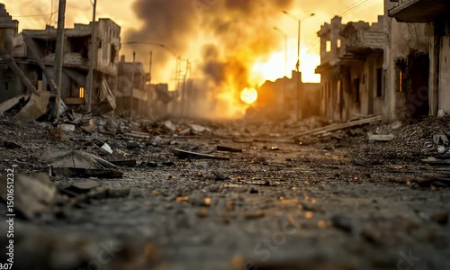 War destruction aftermath in desolate city street