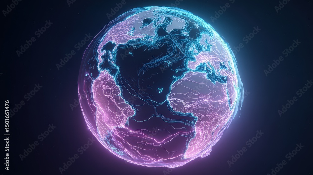 Stunning blue and pink earth creatively depicted as a neon-style planet with bright and luminous features Stunning blue and pink earth creatively depicted as a neon-style planet with bright and luminous features