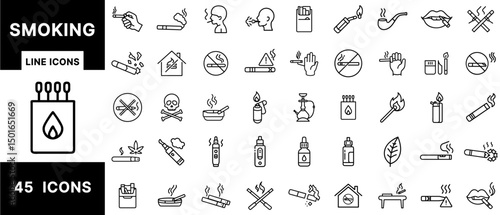 Smoking Line Icons – Cigarettes, Vaping, Tobacco Use, Smoking Devices, Anti-Smoking Signs, Health Warnings, Hookah, Lighters, Nicotine Habit, and Vape Products Set