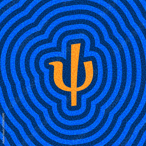 Bright orange psi letter centered on bold blue concentric ripple texture. Vector illustration.