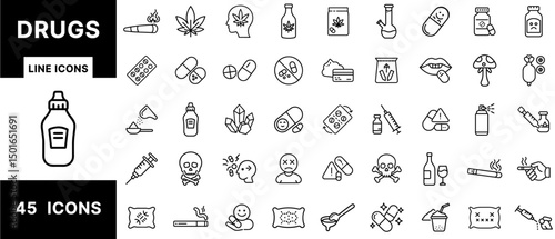 Drugs Line Icons – Prescription Medication, Illicit Substances, Capsules, Pills, Injectables, Smoking, Overdose, Abuse Warning, Psychedelics, and Drug Use Set
