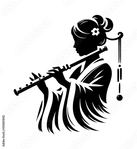 Chinese Flute Player Ink Painting Icon Logo Black and White Vector