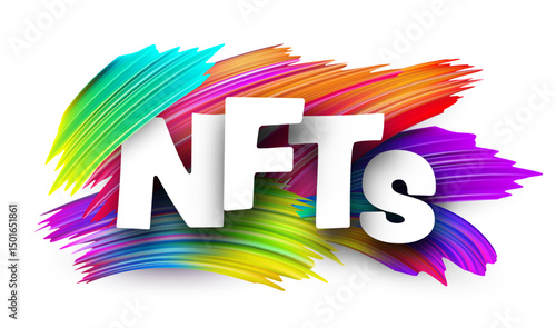 Vibrant NFTs lettering with dynamic paint strokes. Perfect for digital art and crypto themes. Vector illustration.
