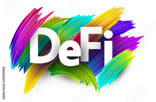 Bold DeFi text with white font over vibrant brushstroke background. Vector illustration.