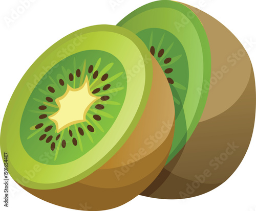 Two halves of a freshly cut kiwi fruit showing vibrant green flesh and tiny black seeds