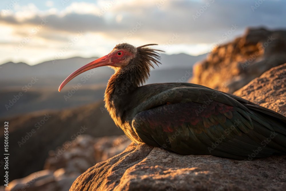Obraz premium Northern Bald Ibis Perched on Rocky Cliff at Sunset, Rare Bird with Distinctive Long Curved Beak and Black Feathers in Natural Mountain Habitat