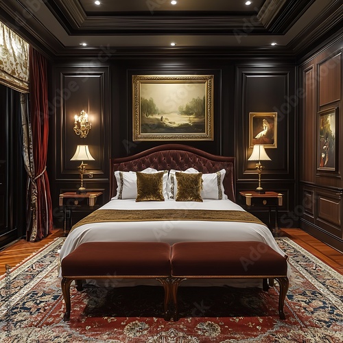 Luxurious dark wood bedroom with plush carpet and elegant furniture creates a sophisticated ambiance