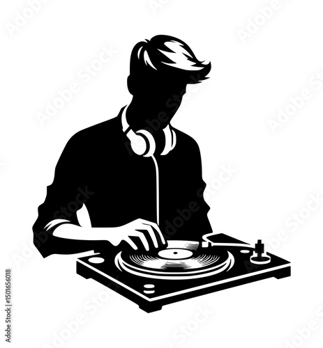 DJ Man Silhouette Playing Music with Turntable Vector