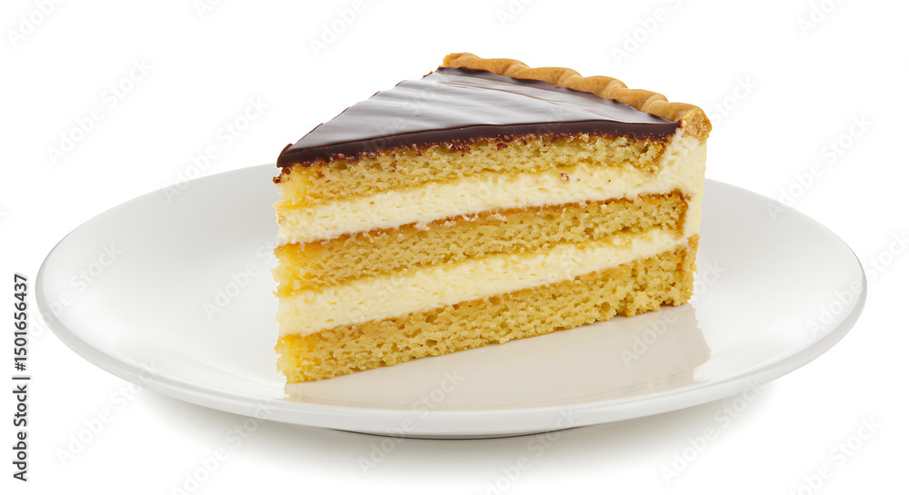 Boston cream pie slice with layers of sponge cake, vanilla custard, and glossy chocolate ganache, served on a white ceramic plate , isolated on a pure white background, soft studio lighting Boston cream pie slice with layers of sponge cake, vanilla custard, and glossy chocolate ganache, served on a white ceramic plate , isolated on a pure white background, soft studio lighting
