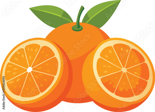 Vibrant illustration of juicy oranges with leaves a whole orange and two halves displaying freshness