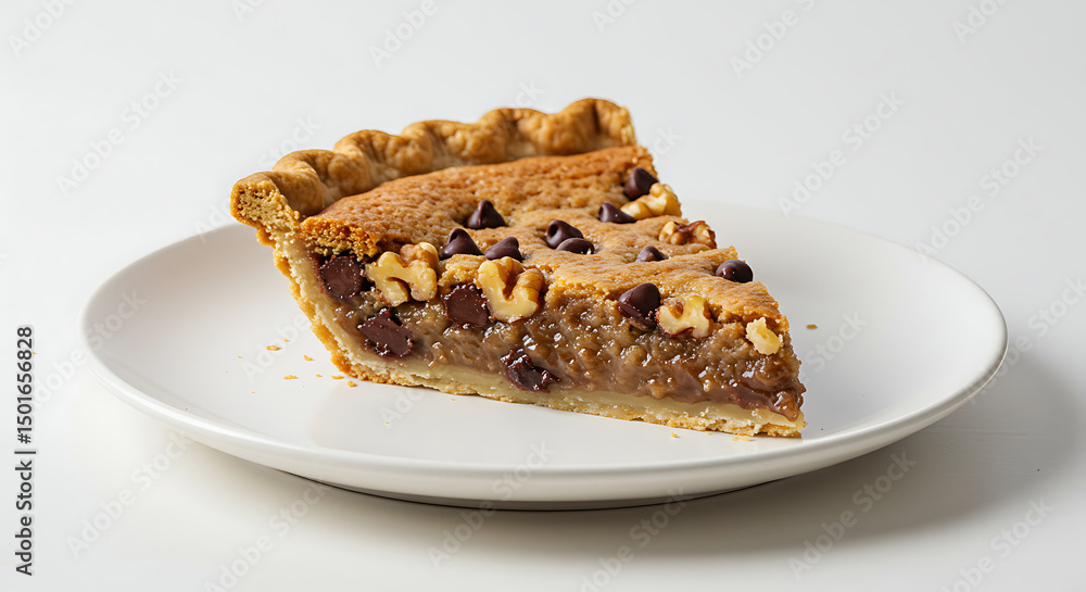 Derby pie slice with chocolate chips and walnuts in a buttery filling, served on a white round plate , isolated against pure white background, studio food styling, soft light Derby pie slice with chocolate chips and walnuts in a buttery filling, served on a white round plate , isolated against pure white background, studio food styling, soft light