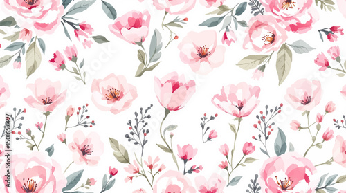 pink flowers Watercolor background, Seamless pattern with red watercolor flowers and leaves. Peonies blossom
