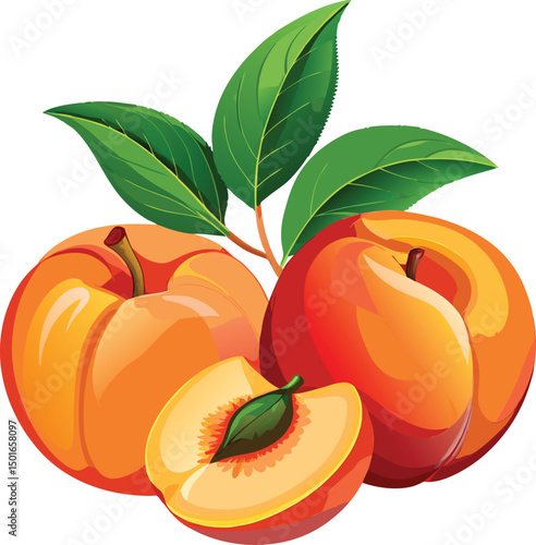 Vibrant illustration of two juicy peaches and a peach slice with lush green leaves