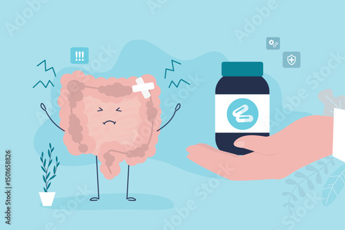 Sad suffering sick human intestines, internal organ asks for help. Doctor hand give vial with drugs for hurt intestines character. Sad and sick part of belly or human organ