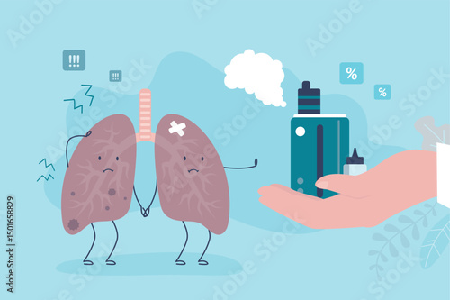 Vaping leads to disease, cancer. Sick unhappy lung mascot refuse e-cigarette, seller hand give vape device. Lungs disease from smoking, quit vaping,