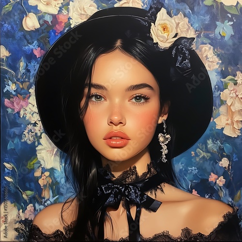 Portrait of a young woman in a black hat surrounded by flowers.