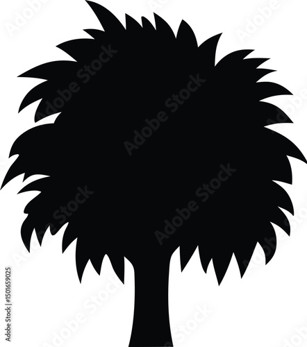 Simple black silhouette of a lush tree with a thick canopy and a single trunk