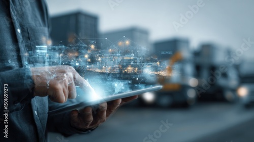 Modern executive managing global logistics through tablet interface, background showing trucks, trains, and cargo ships, with holographic supply chain network graphics