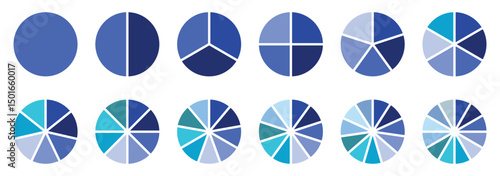 Pie Chart Fractions Geometry Mathematical Vector. Circle division. Unit Fraction. Ratio and parts. Ring or donut round diagram. Infographic wheel segment and fraction. Slices, pieces vector.