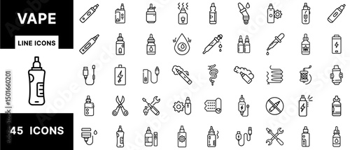 Vape Line Icons – E-Cigarette Devices, Vape Mods, E-Liquid Bottles, Vaping Tools, Smoke Clouds, Charging, Coils, Refill Accessories, and Nicotine Vape Set