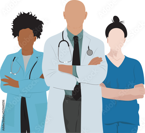 Groups of professional Doctors and nurse standing together to give their pose. Professional Healthcare standing vector illustration. Professional Doctors cartoon characters.