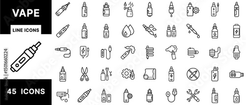 Vape Line Icons – E-Cigarette Devices, Vape Mods, E-Liquid Bottles, Vaping Tools, Smoke Clouds, Charging, Coils, Refill Accessories, and Nicotine Vape Set