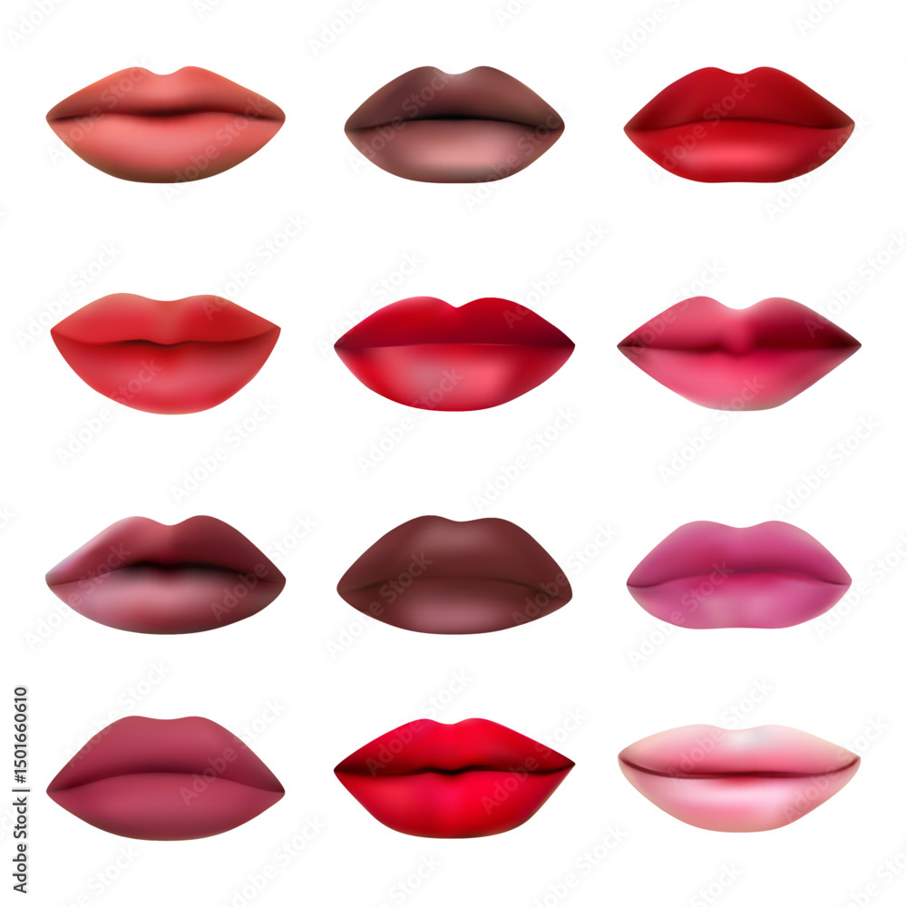 Fototapeta premium Collection of 3d lips isolated on a white background. Realistic lips collection isolated on a white background