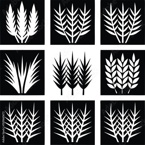 Collection of nine stylized black and white plant icons depicting various types of grasses and wheat
