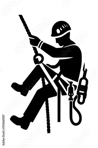 Rope Access Technician Silhouette Icon Logo Black and White Vector