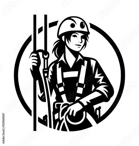 Rope Access Technician Icon Logo, Black and White Vector