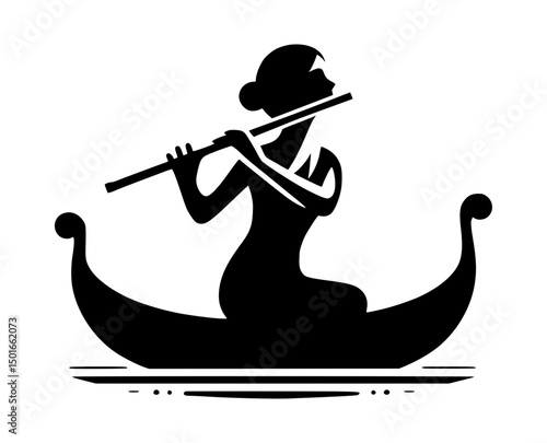 Silhouette Flute Player Boat Logo, Black and White Vector