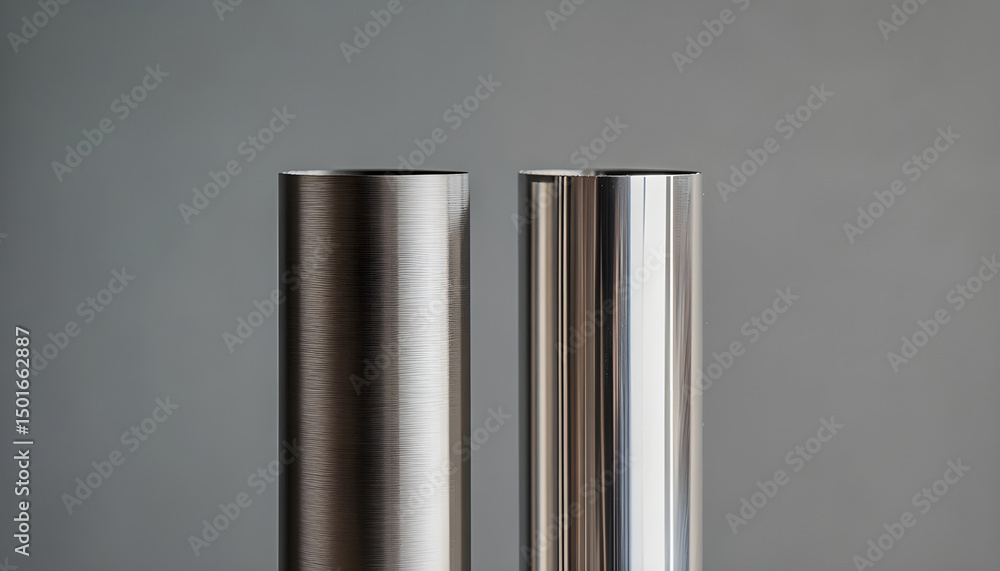 A side-by-side comparison of stainless steel pipe finishes: on the left, a hairline finish with fine, linear, matte texture; on the right, a mirror finish with a highly reflective A side-by-side comparison of stainless steel pipe finishes: on the left, a hairline finish with fine, linear, matte texture; on the right, a mirror finish with a highly reflective