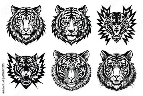 Collection of Six Stunning Black and White Tiger Head Illustrations