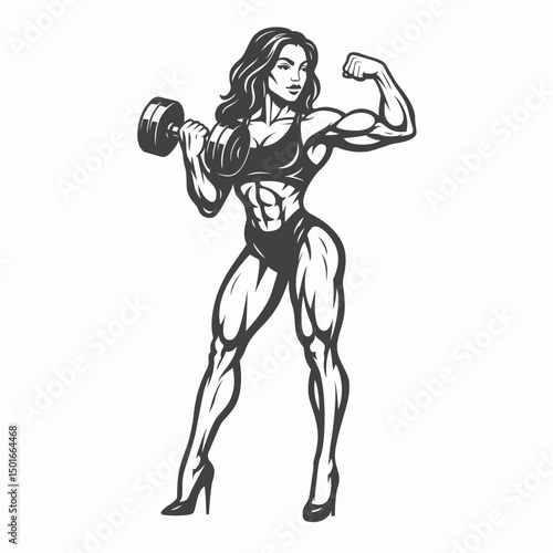 Stylized Illustration of a Muscular Female Bodybuilder Posing