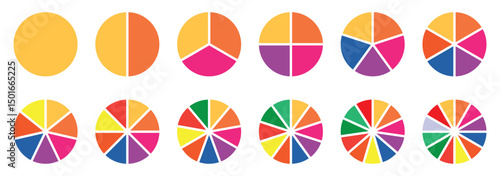 Pie Chart Fractions Geometry Mathematical Vector. Circle division. Unit Fraction. Ratio and parts. Ring or donut round diagram. Infographic wheel segment and fraction. Slices, pieces vector.