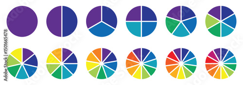 Pie Chart Fractions Geometry Mathematical Vector. Circle division. Unit Fraction. Ratio and parts. Ring or donut round diagram. Infographic wheel segment and fraction. Slices, pieces vector.
