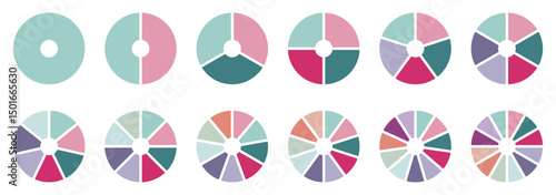 Circle division infographic icon set. Pie chart divided 8,9,10 equal parts. Pizza or donut round diagram. Infographic wheel segment and fraction. Vector illustration isolated on white background.