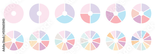 Circle division infographic icon set. Pie chart divided 8,9,10 equal parts. Pizza or donut round diagram. Infographic wheel segment and fraction. Vector illustration isolated on white background.