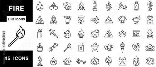 Fire Line Icons – Flames, Matchstick, Campfire, Fireplace, Burners, Lighters, Volcano, Cooking Flame, Warning Signs, Wildfire, Torch and Thermal Symbols Set