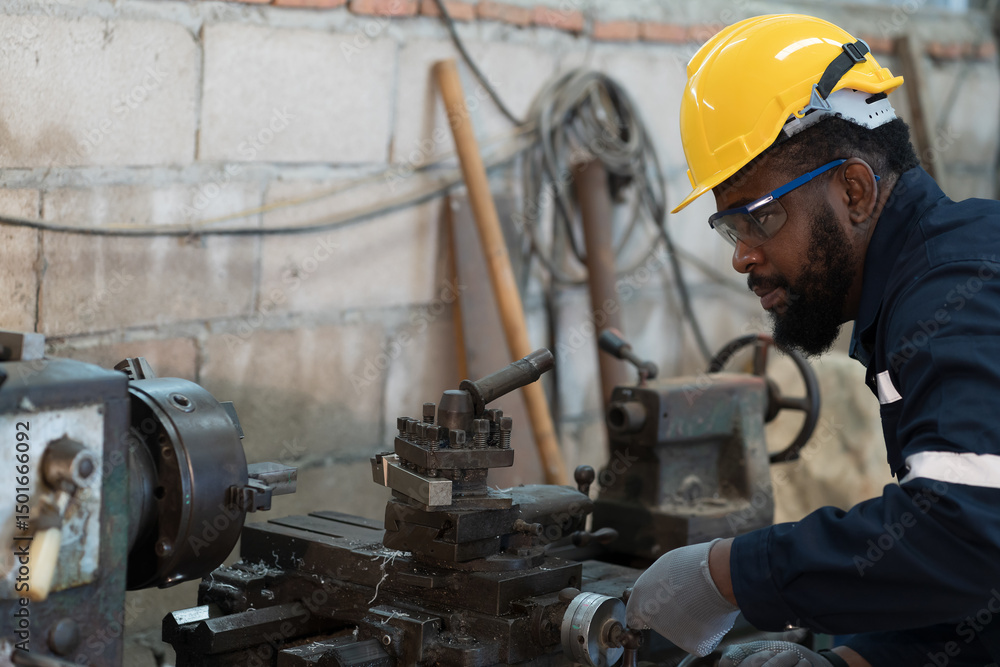 Industry factory, machine. Engineer worker, maintain, repair mechanism of operation of lathe machine in machinery warehouse Industry factory, machine. Engineer worker, maintain, repair mechanism of operation of lathe machine in machinery warehouse