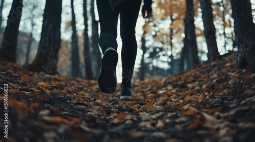 Autumnal Forest Walk: A Low-Angle View of Feet on Fallen Leaves