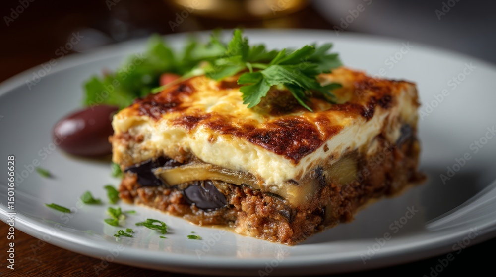 Delicious homemade moussaka with fresh herbs on a plate Delicious homemade moussaka with fresh herbs on a plate