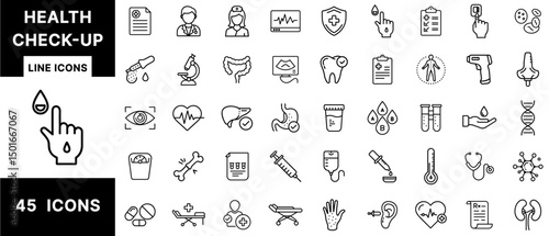 Health Check-Up Line Icons – Medical Test, Lab Diagnostics, Blood Sample, Vital Signs, Body Organs, Doctor Tools, Reports, Examination Symbols and Wellness Monitoring Set