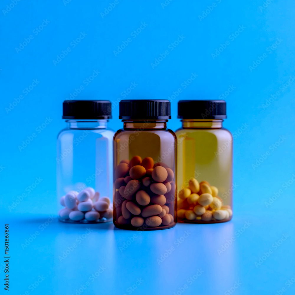 Realistic 3D render of various clear pill bottles with medication, no labels, on clean blue backdrop Realistic 3D render of various clear pill bottles with medication, no labels, on clean blue backdrop
