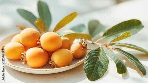 Wallpaper Mural Plate of Fresh Loquats with Green Leaves in Sunlit Clean Background Torontodigital.ca