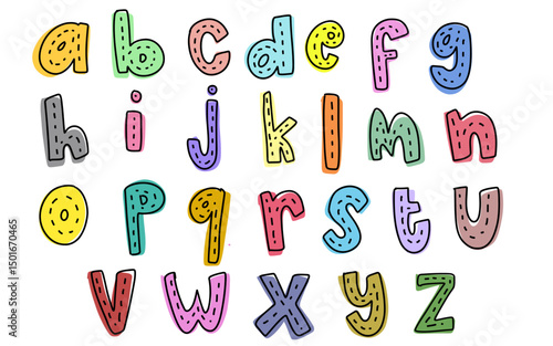 Cute set colorful hand drawn lowercase alphabet ABC letters font outline color with striped road street tracing doodle kids illustration wall art transparent clipart poster nursery vector